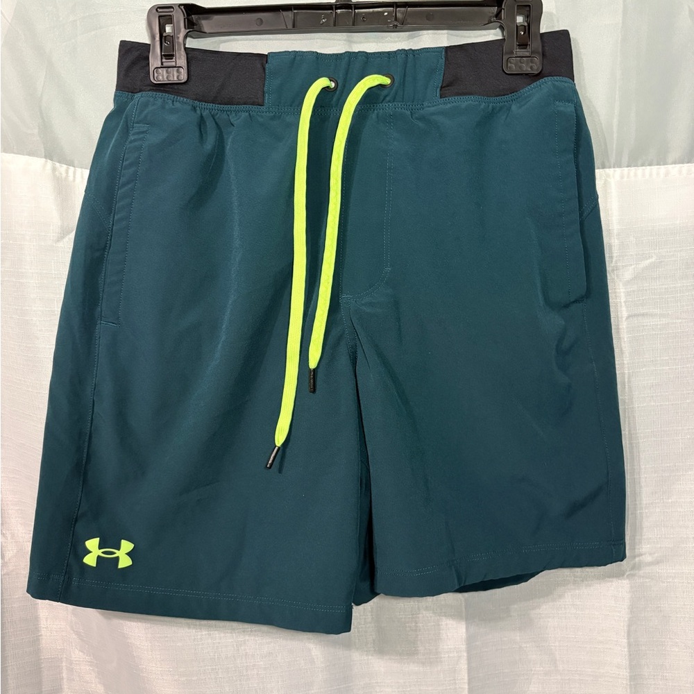 Under Armour Teal Blue Shorts with Neon Yellow Drawstring